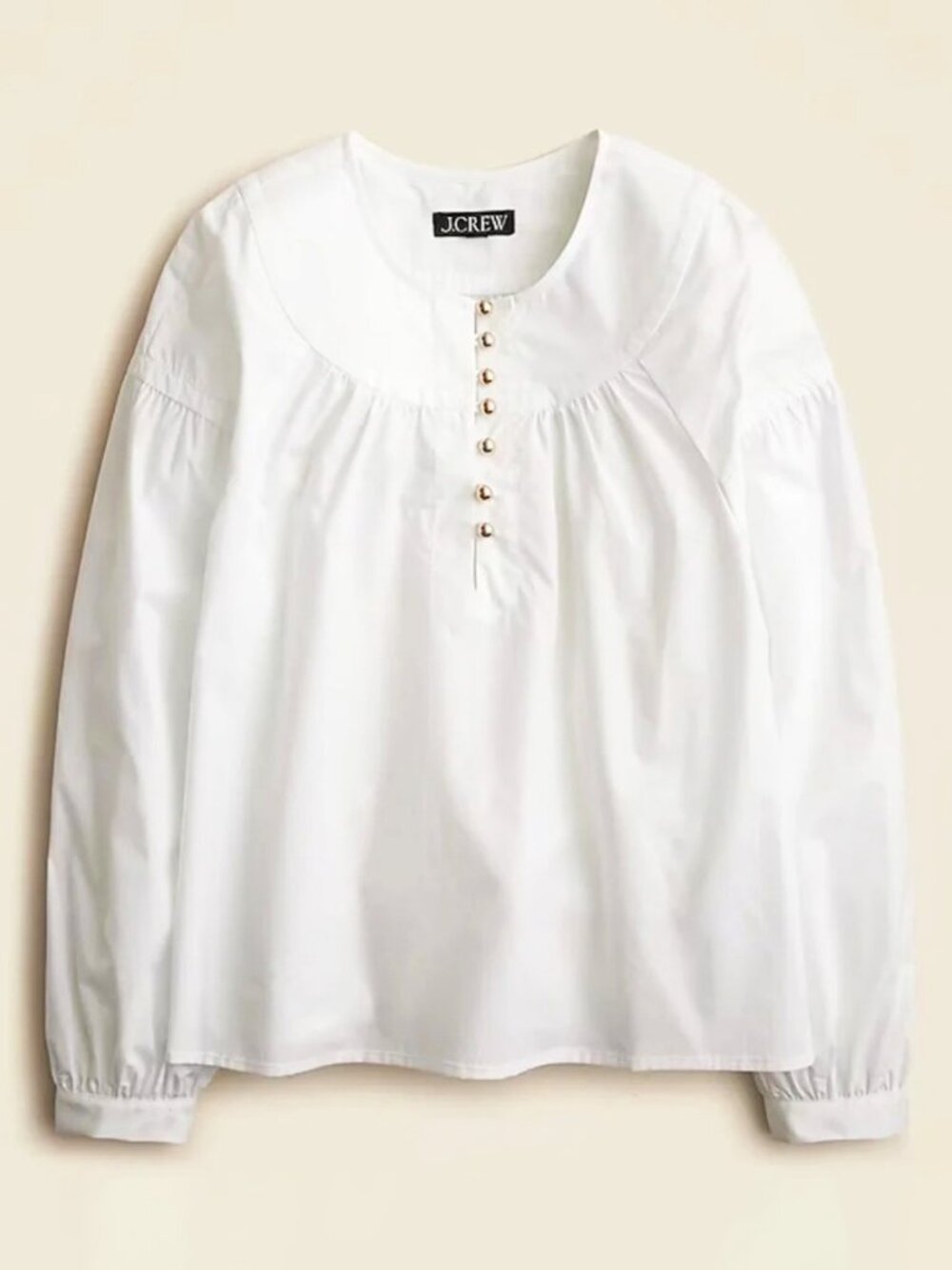 New J.Crew 100% Cotton Gold Button Shirred Popover Blouse White Large